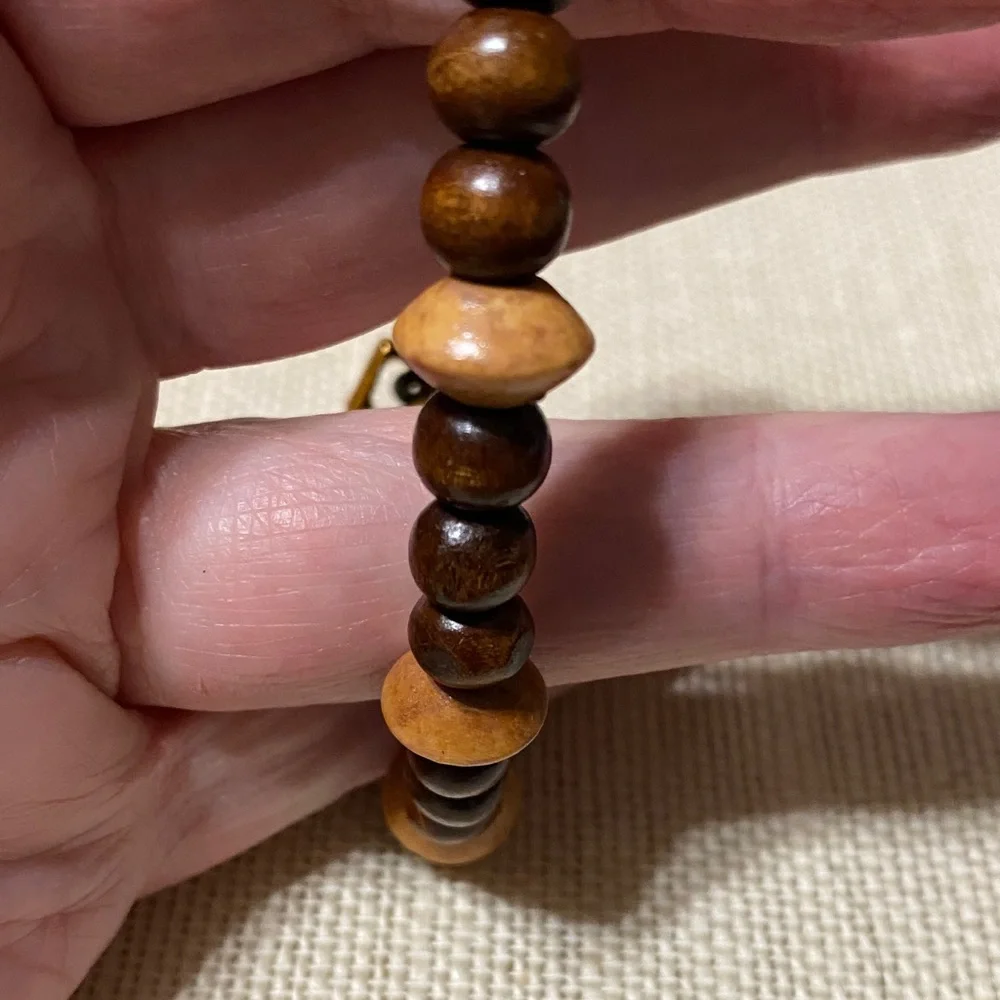 Brown two tone wood Beaded 8” long Bracelet with Gold anchor and loop Clasp
